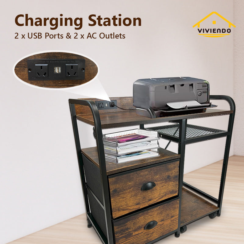 Viviendo Printer Stand Filing Cabinet 2-Drawer with Charging Station Open Storage