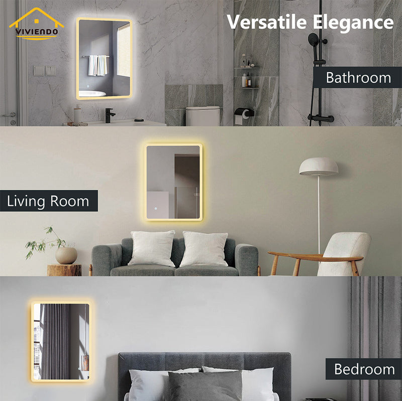 Viviendo 70x90cm Rectangular LED Wall Mirror Anti-fog Vanity Bathroom Mirrors Smart Touch