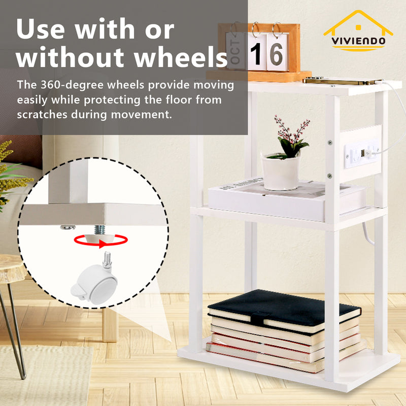 Viviendo Smart Side Table Bedside End with Charging Station USB Ports and Power Outlets White