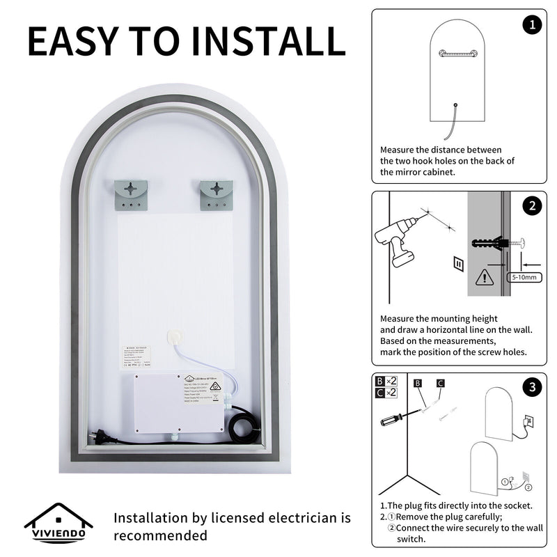 Viviendo Arch Bathroom Wall Mirror Anti-Fog Vanity Makeup LED Mirrors 50x90cm