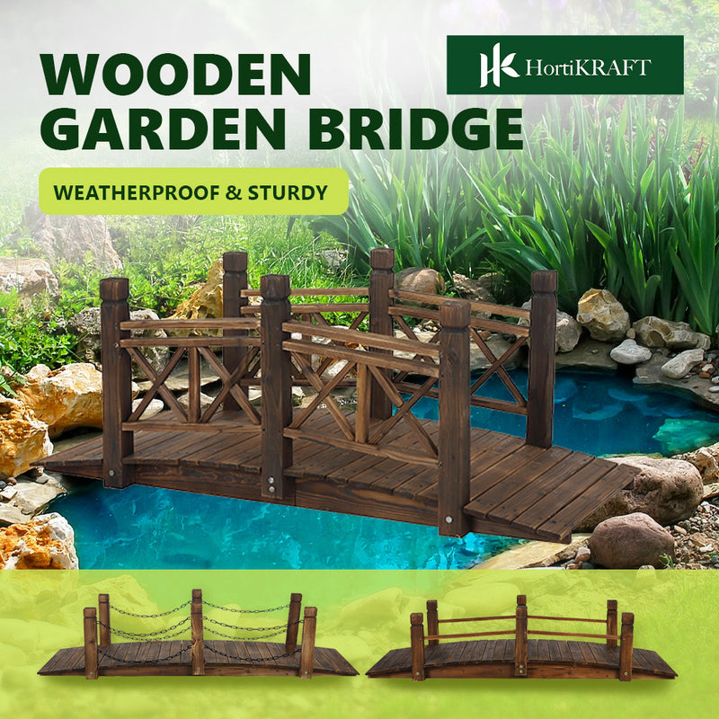 HORTIKRAFT Wooden Garden Bridge with Chain Rustic Ornaments Decor Yard Arc Creek