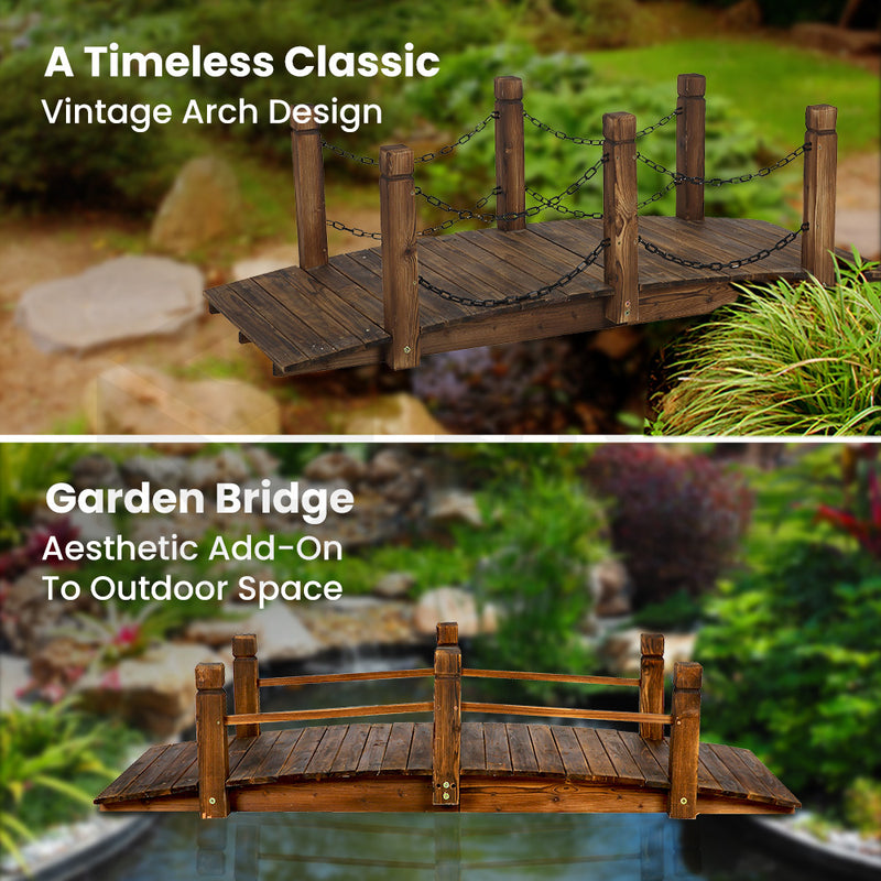 HORTIKRAFT Wooden Garden Bridge with Chain Rustic Ornaments Decor Yard Arc Creek