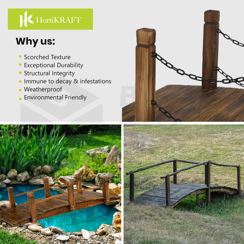 HORTIKRAFT Wooden Garden Bridge with Chain Rustic Ornaments Decor Yard Arc Creek