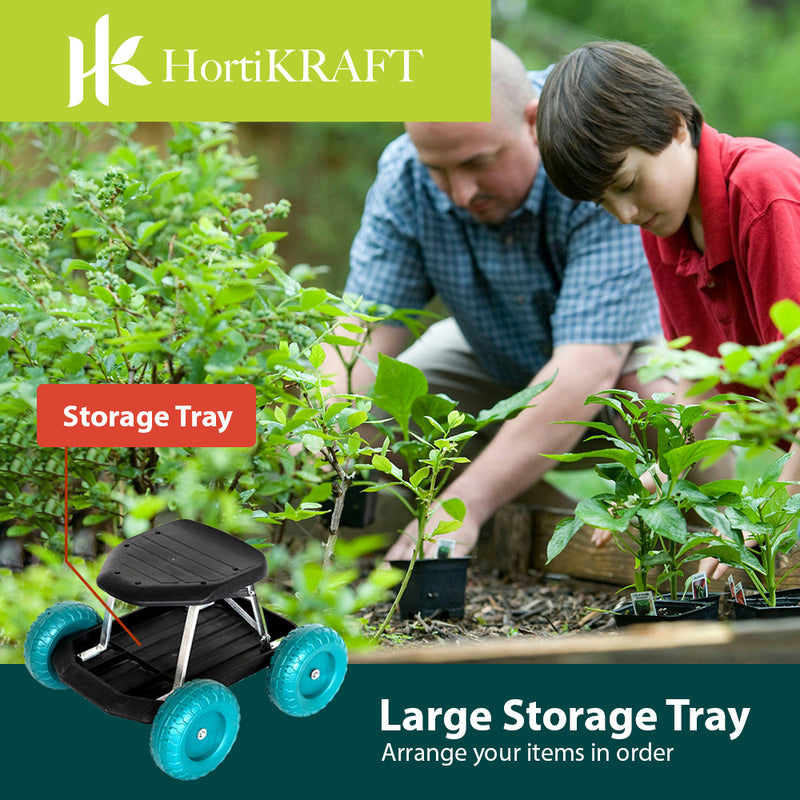 Hortifkraft Rolling Garden Seat Cart With Tool Tray and 360 Degree Swivel Work Seat