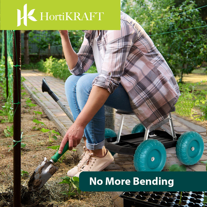 Hortifkraft Rolling Garden Seat Cart With Tool Tray and 360 Degree Swivel Work Seat