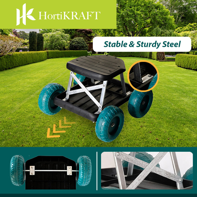Hortifkraft Rolling Garden Seat Cart With Tool Tray and 360 Degree Swivel Work Seat