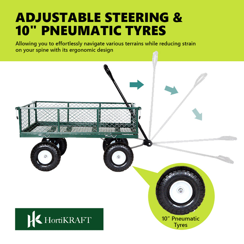 Hortikraft Heavy-Duty Garden Cart Utility Steel Mesh Wagon Outdoor Yard 300kg Capacity