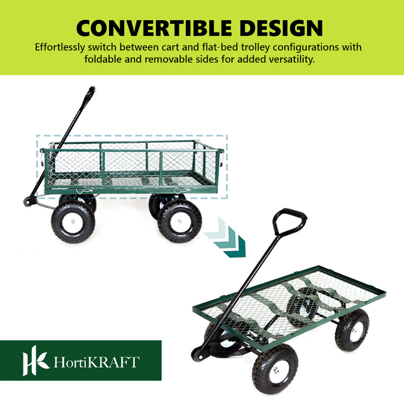 Hortikraft Heavy-Duty Garden Cart Utility Steel Mesh Wagon Outdoor Yard 300kg Capacity