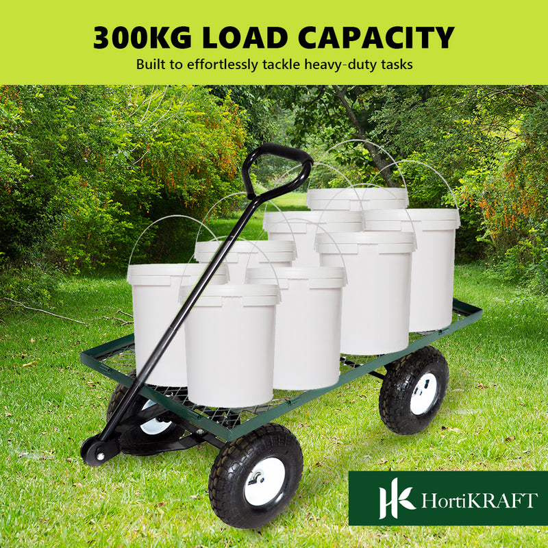 Hortikraft Heavy-Duty Garden Cart Utility Steel Mesh Wagon Outdoor Yard 300kg Capacity