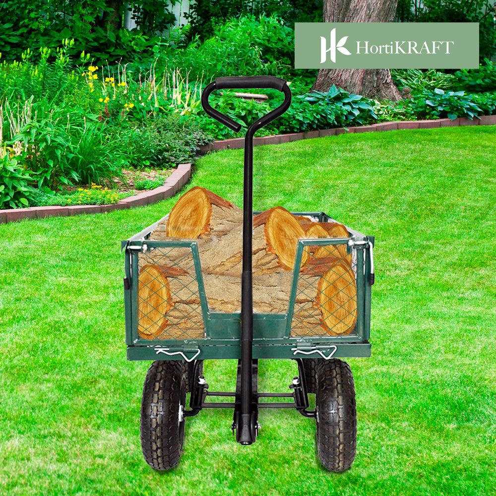 Hortikraft Heavy Duty Garden Cart Utility Steel Mesh Wagon Outdoor Yard 300kg Capacity