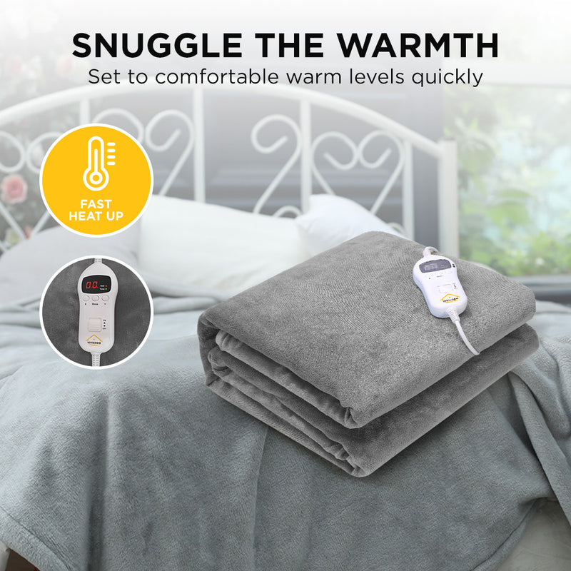 Viviendo Electric Heated Throw Soft Flannel Fleece Rug Machine Washable Blanket - Grey
