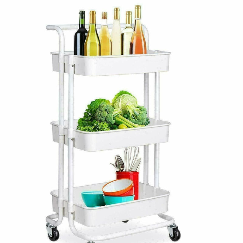 Viviendo 3 Tier Organiser Trolley in Carbon steel & Plastic with Omnidirectional Wheels and Metal Frame With Handle - White