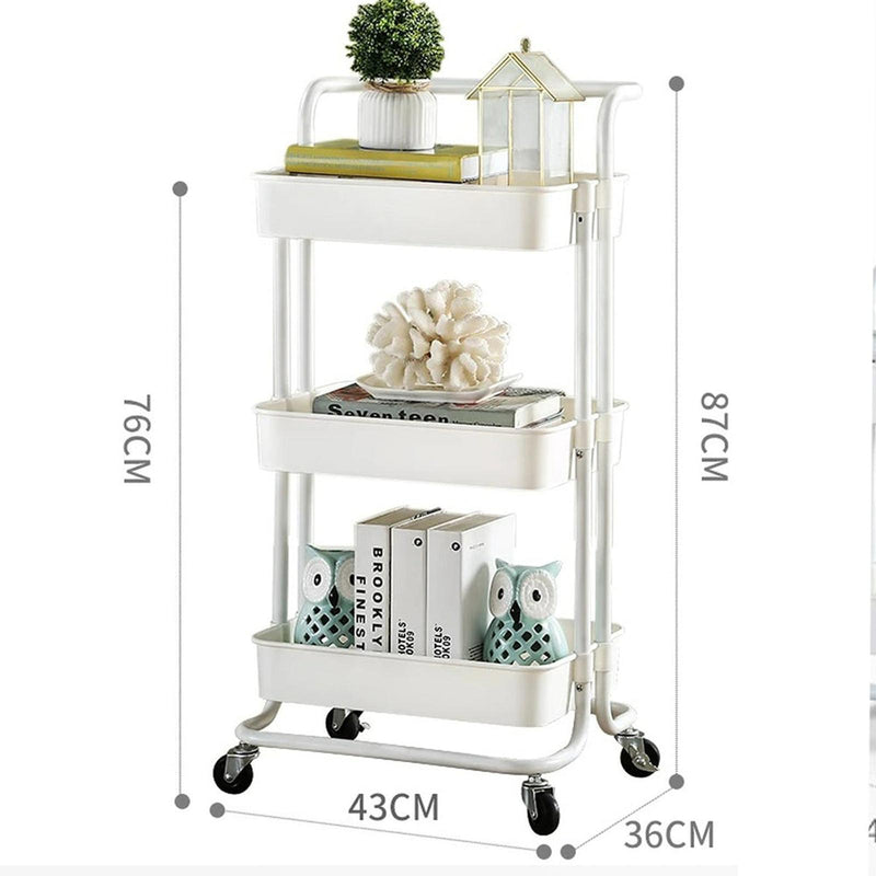 Viviendo 3 Tier Organiser Trolley in Carbon steel & Plastic with Omnidirectional Wheels and Metal Frame With Handle - White