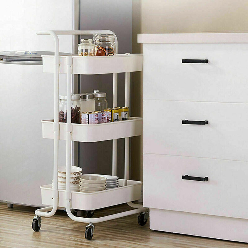 Viviendo 3 Tier Organiser Trolley in Carbon steel & Plastic with Omnidirectional Wheels and Metal Frame With Handle - White