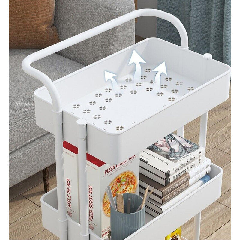 Viviendo 3 Tier Organiser Trolley in Carbon steel & Plastic with Omnidirectional Wheels and Metal Frame With Handle - White