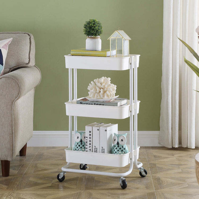 Viviendo 3 Tier Organiser Trolley in Carbon Steel & Plastic with Omnidirectional Wheels and Metal Frame - White