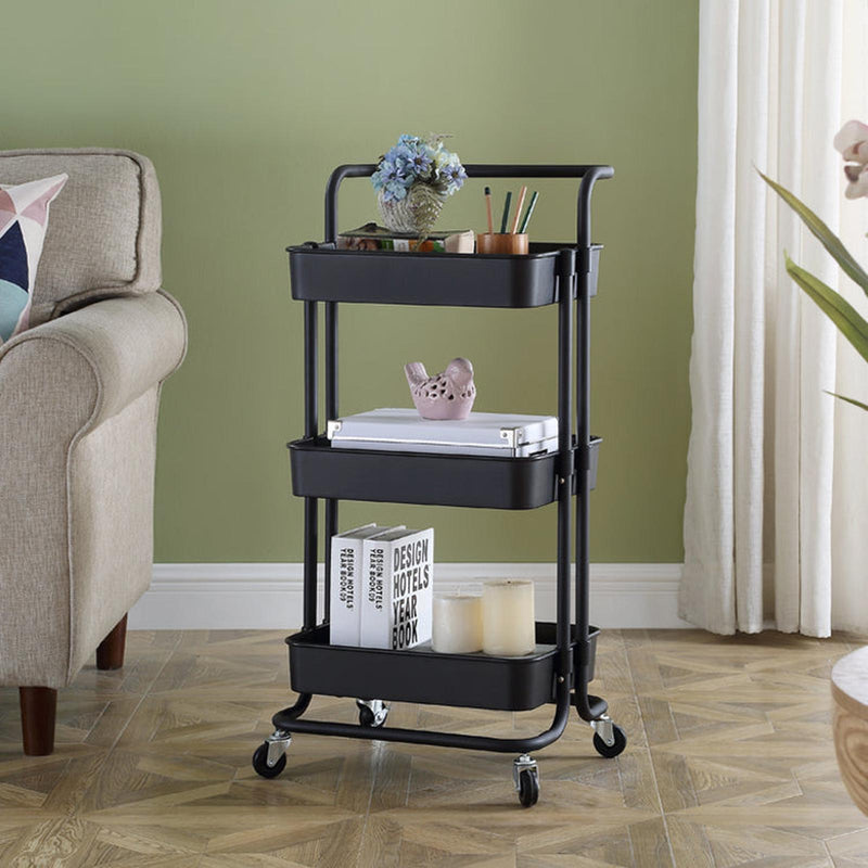 Viviendo 3 Tier Organiser Trolley in Carbon Steel & Plastic with Omnidirectional Wheels and Metal Frame with Handles - Black