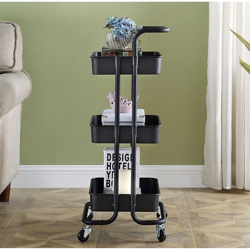 Viviendo 3 Tier Organiser Trolley in Carbon Steel & Plastic with Omnidirectional Wheels and Metal Frame with Handles - Black