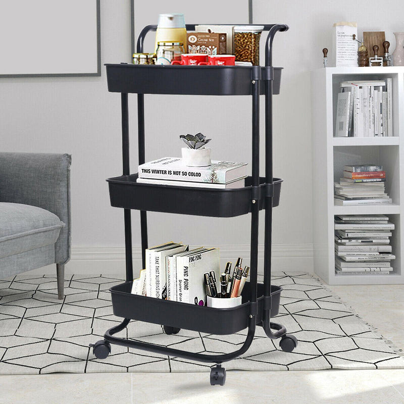Viviendo 3 Tier Organiser Trolley in Carbon Steel & Plastic with Omnidirectional Wheels and Metal Frame with Handles - Black