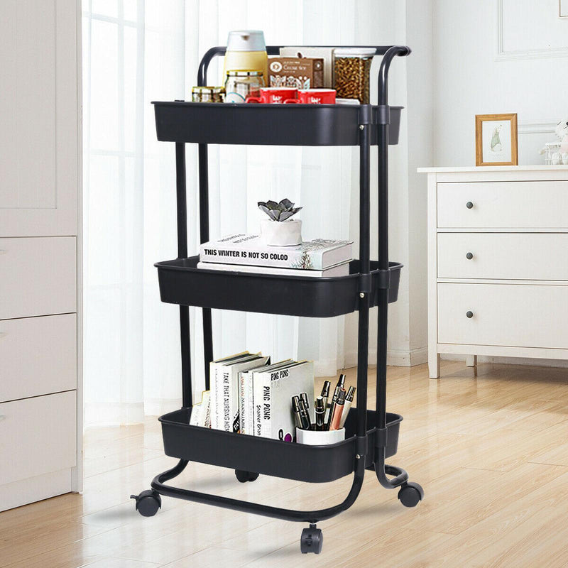 Viviendo 3 Tier Organiser Trolley in Carbon Steel & Plastic with Omnidirectional Wheels and Metal Frame with Handles - Black