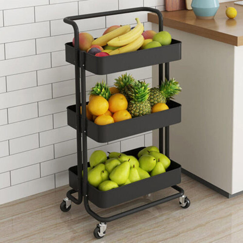 Viviendo 3 Tier Organiser Trolley in Carbon Steel & Plastic with Omnidirectional Wheels and Metal Frame with Handles - Black