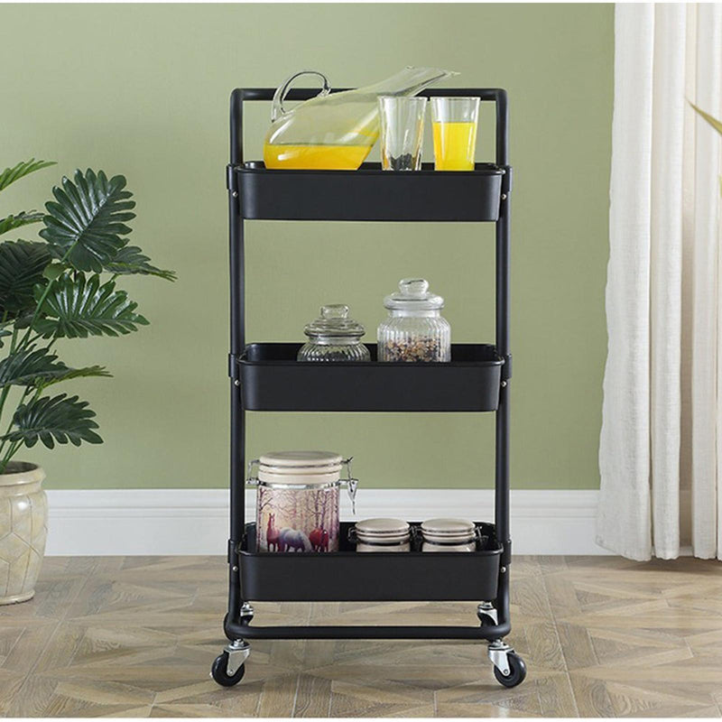 Viviendo 3 Tier Organiser Trolley in Carbon Steel & Plastic with Omnidirectional Wheels and Metal Frame with Handles - Black