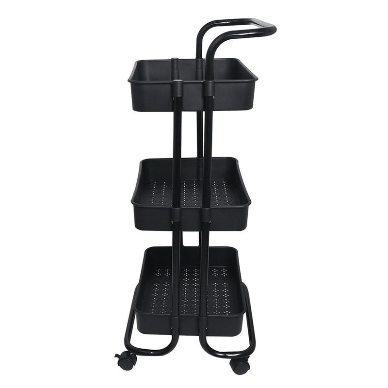 Viviendo 3 Tier Organiser Trolley in Carbon Steel & Plastic with Omnidirectional Wheels and Metal Frame with Handles - Black