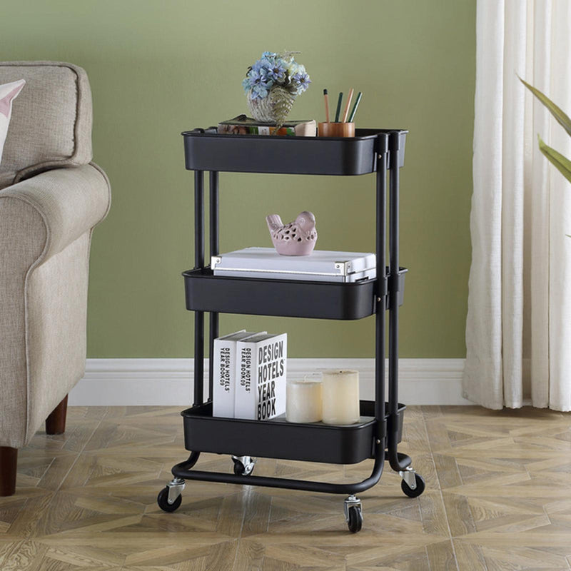 Viviendo 3 Tier Organiser Trolley in Carbon Steel & Plastic with Omnidirectional Wheels and Metal Frame - Black