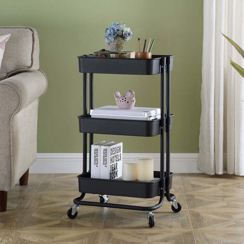 Viviendo 3 Tier Organiser Trolley in Carbon Steel & Plastic with Omnidirectional Wheels and Metal Frame - Black