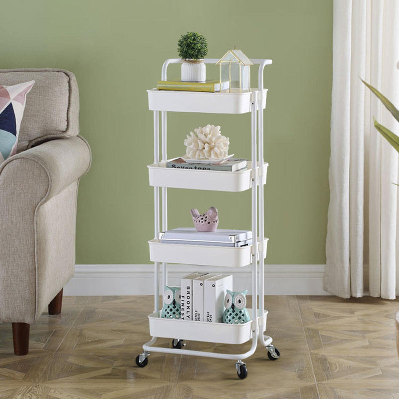 Viviendo 4 Tier Organiser Trolley in Carbon steel & Plastic with Omnidirectional Wheels and Metal Frame With Handle - White