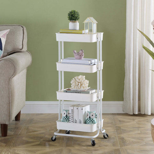Viviendo 4 Tier Organiser Trolley in Carbon Steel & Plastic with Omnidirectional Wheels and Metal Frame - White