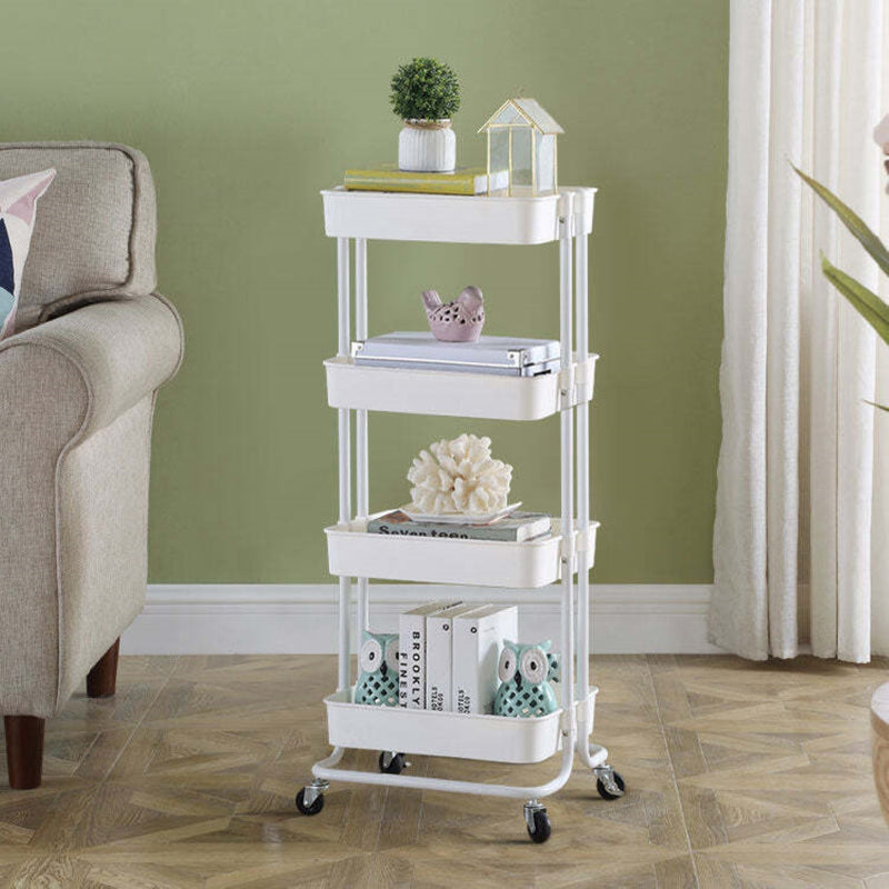 Viviendo 4 Tier Organiser Trolley in Carbon Steel & Plastic with Omnidirectional Wheels and Metal Frame - White