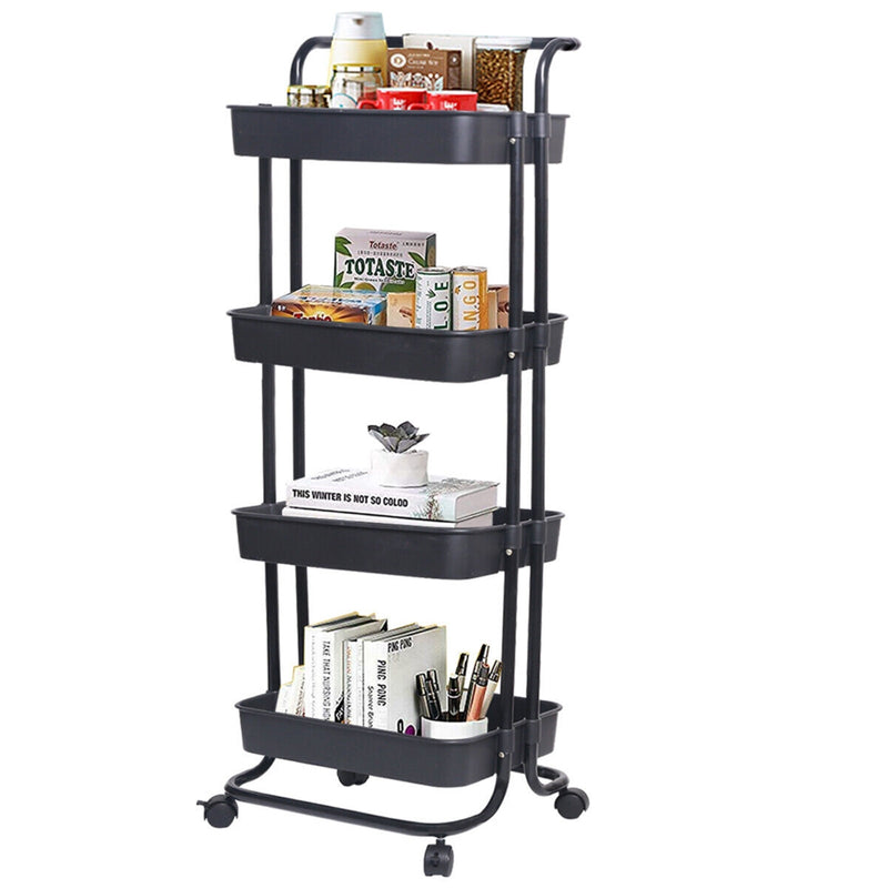 Viviendo 4 Tier Organiser Trolley in Carbon steel & Plastic with Omnidirectional Wheels and Metal Frame With Handle - Black