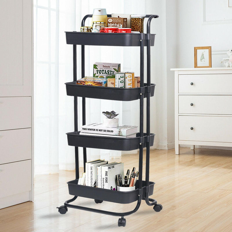 Viviendo 4 Tier Organiser Trolley in Carbon steel & Plastic with Omnidirectional Wheels and Metal Frame With Handle - Black