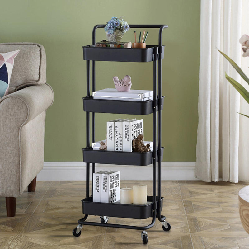 Viviendo 4 Tier Organiser Trolley in Carbon steel & Plastic with Omnidirectional Wheels and Metal Frame With Handle - Black