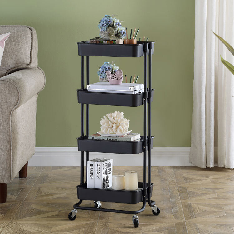 Viviendo 4 Tier Organiser Trolley in Carbon steel & Plastic with Omnidirectional Wheels and Metal Frame With Handle - Black