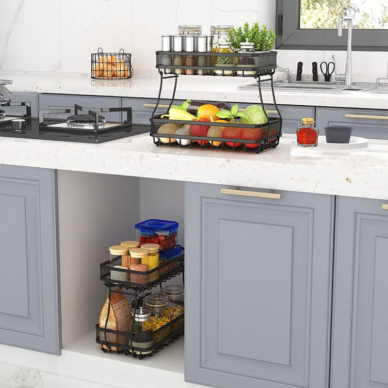 Viviendo 2 Tier Fruit Bowl Carbon Steel Kitchen Fruit and Vegetable Storage Basket