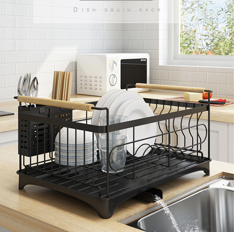 Viviendo Dish Drying Rack, Kitchen Counter Dish Drainer with Cutlery Holder, Drip Tray and Handles