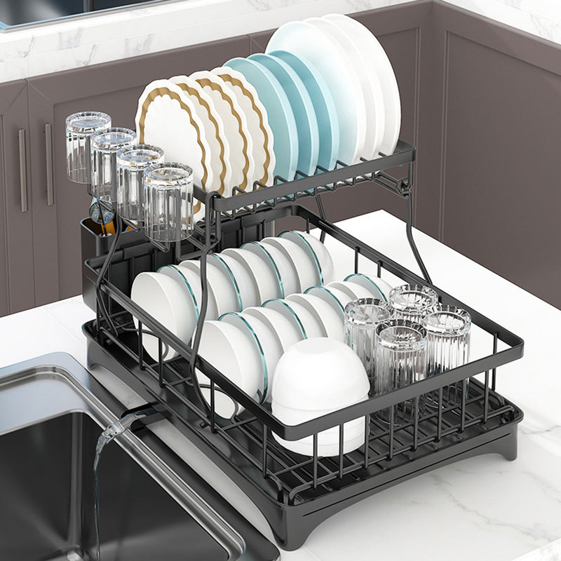 Viviendo 2 Tier Dish Drainer Drying Rack in Carbon Steel with Kitchen Counter Cup and Cutlery Holder