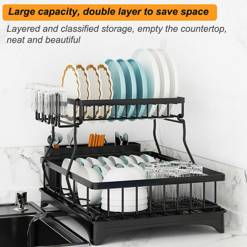 Viviendo 2 Tier Dish Drainer Drying Rack in Carbon Steel with Kitchen Counter Cup and Cutlery Holder