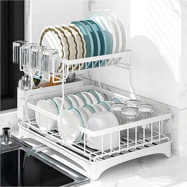 Viviendo 2 Tier Dish Drainer Drying Rack in Carbon Steel with Kitchen Counter Cup and Cutlery Holder - White