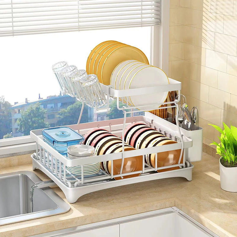Viviendo 2 Tier Dish Drainer Drying Rack in Carbon Steel with Kitchen Counter Cup and Cutlery Holder - White