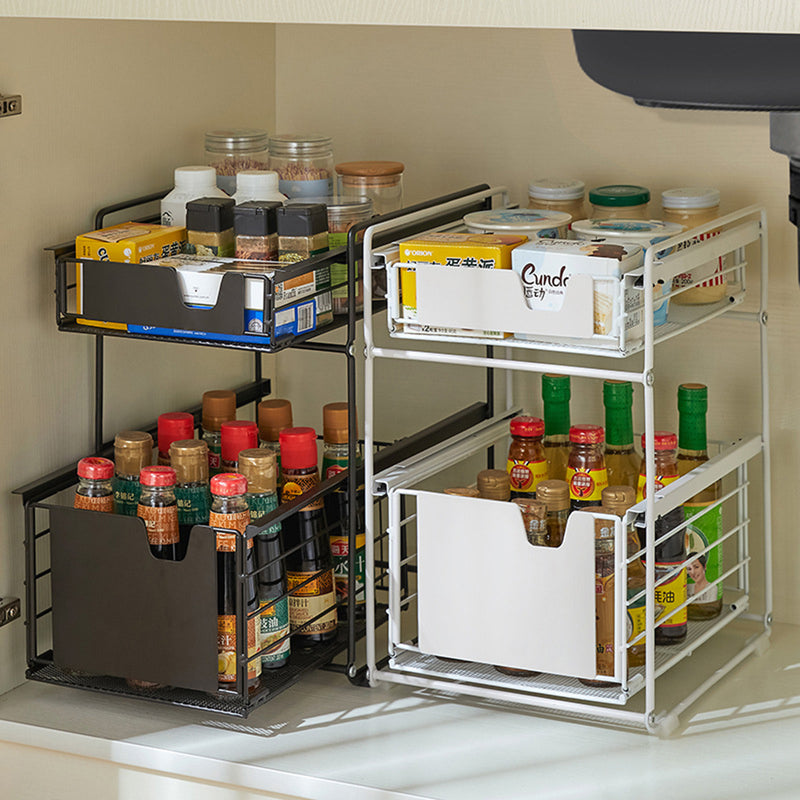 Viviendo Pantry Kitchen Organiser Sauce Rack Spice Storage with sliding drawers in Carbon Steel - White
