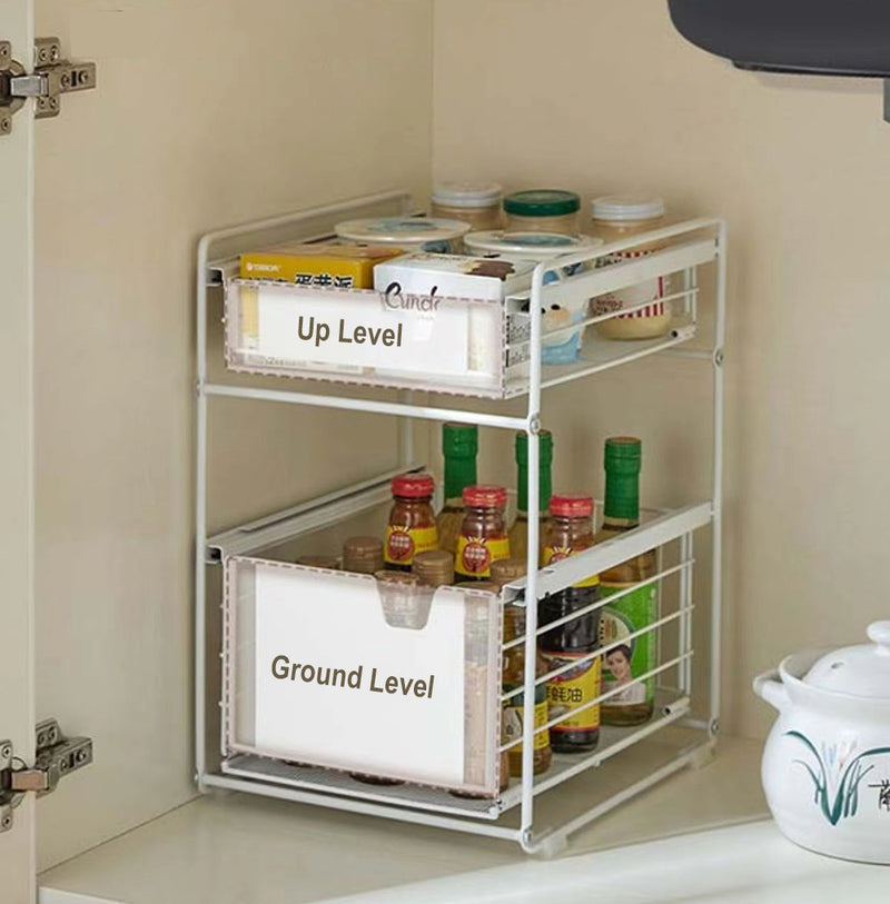 Viviendo Pantry Kitchen Organiser Sauce Rack Spice Storage with sliding drawers in Carbon Steel - White