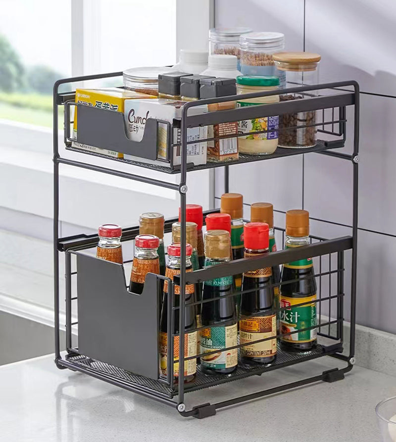 Viviendo Pantry Kitchen Organiser Sauce Rack Spice Storage with sliding drawers in Carbon Steel