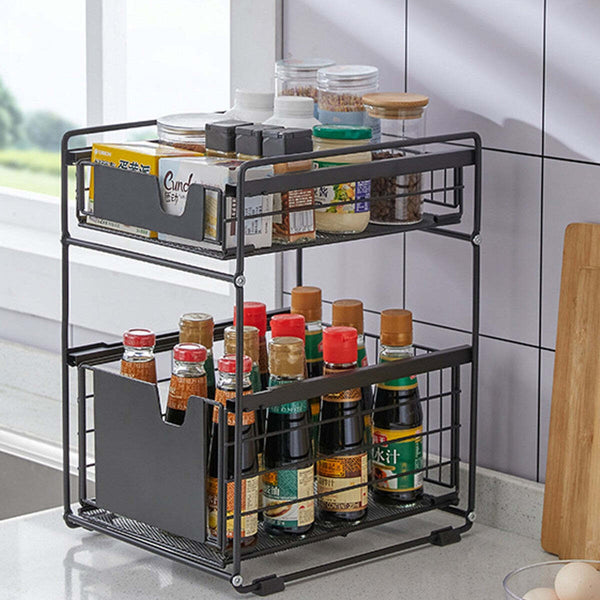 Viviendo Pantry Kitchen Organiser Sauce Rack Spice Storage with sliding drawers in Carbon Steel - Black