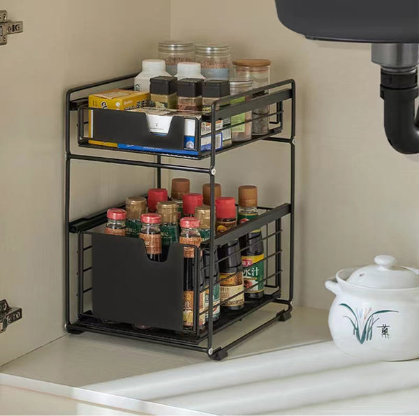 Viviendo Pantry Kitchen Organiser Sauce Rack Spice Storage with sliding drawers in Carbon Steel - Black