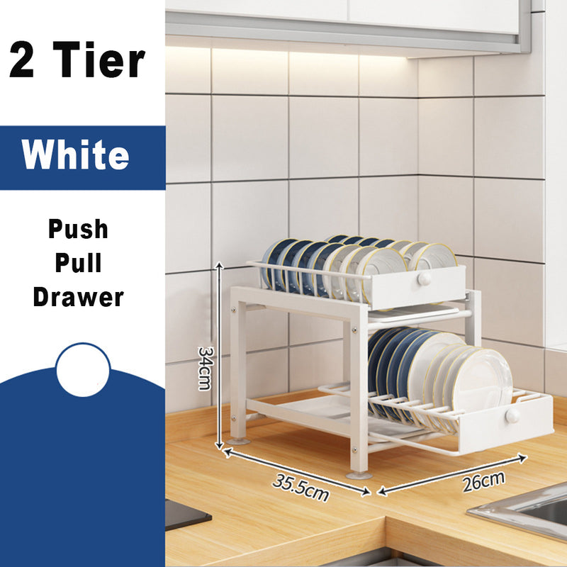 Viviendo 2 layer Square Dish Drying Rack, Carbon Steel Kitchen Counter Dish Drainer in White