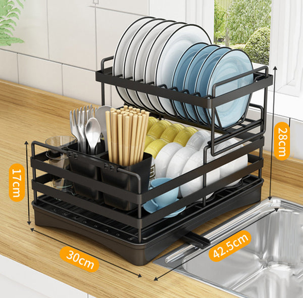 Viviendo 2 tier Dish Drainer Kitchen Counter Dish Rack  with Cutlery Holder, Drip Tray - Black