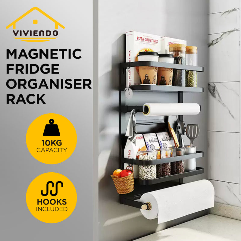Viviendo Magnetic Fridge Storage Shelf with Paper Towel Holder Kitchen Spice Rack Organiser - Black